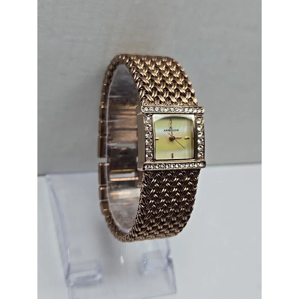 Anne Klein Rose Gold Mesh Crystal Bezel Mother Of Pearl Dial Watch New Battery
